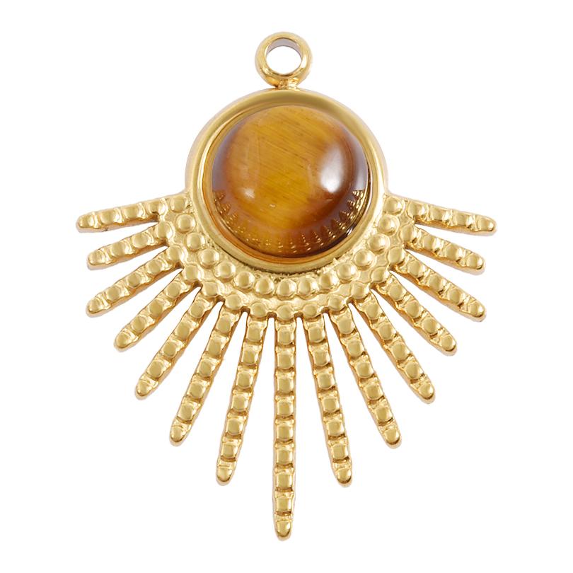 5pcs Real Natural Stone Tiger Eye Charm Sun Eye Oval Boho Pendant Gold Color Stainless Steel Pendants For Jewelry Making Finding