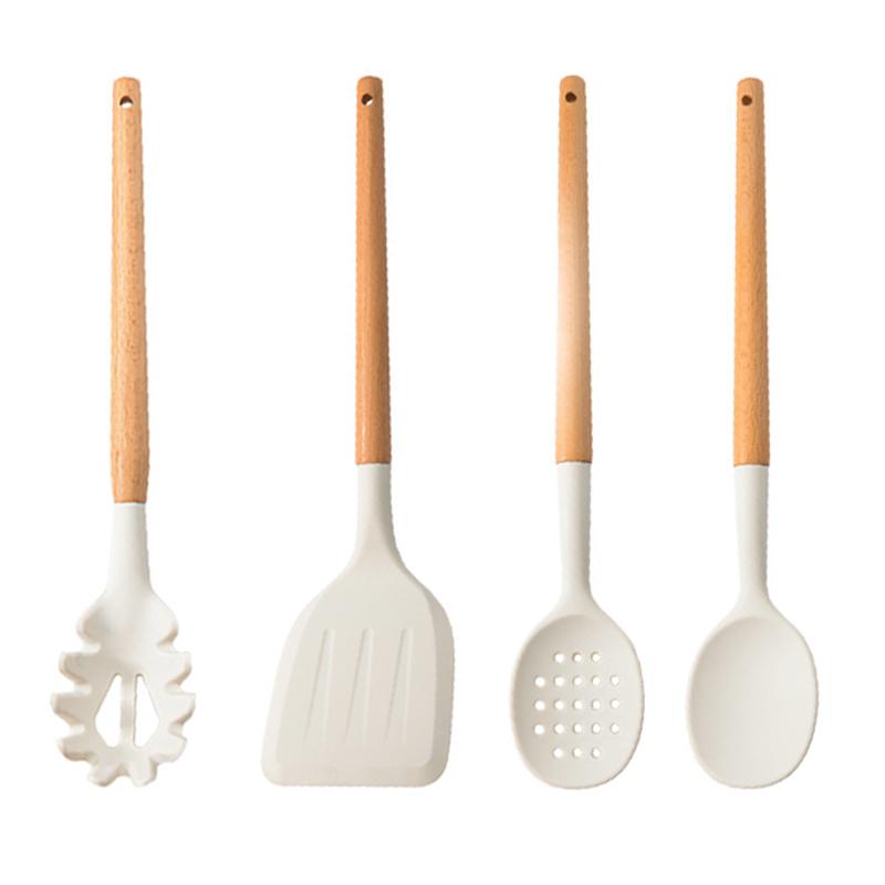 White Silicone Wooden Handle Soup Spoon Spatula Brush Scraper Pasta Egg Beater Non-stick Kitchen Cooking Tools Kitchenware