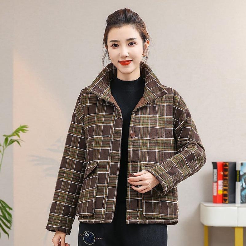 Winter new loose cotton-padded clothes stand-up collar cotton-padded jackets plaid women's cotton-padded clothes thickened warm jackets