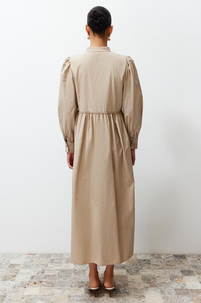 Women's Fashion New Hijab Dress Mink High Collar Balloon Sleeve Button and Piping Detailed Woven Dress