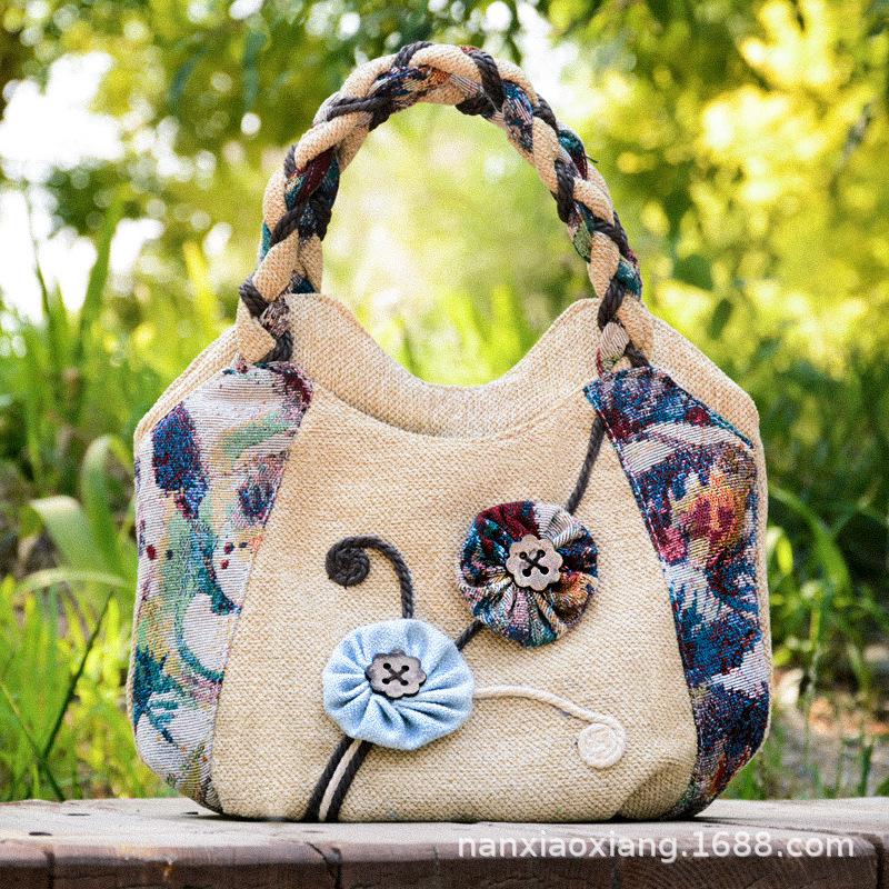 Vintage Leinen Handtasche für Damen Nationaler Stil Top-Handle Tasche Mittleren Alters Damen Schultertasche Kunst Tote Mutter Geldbörse 2025