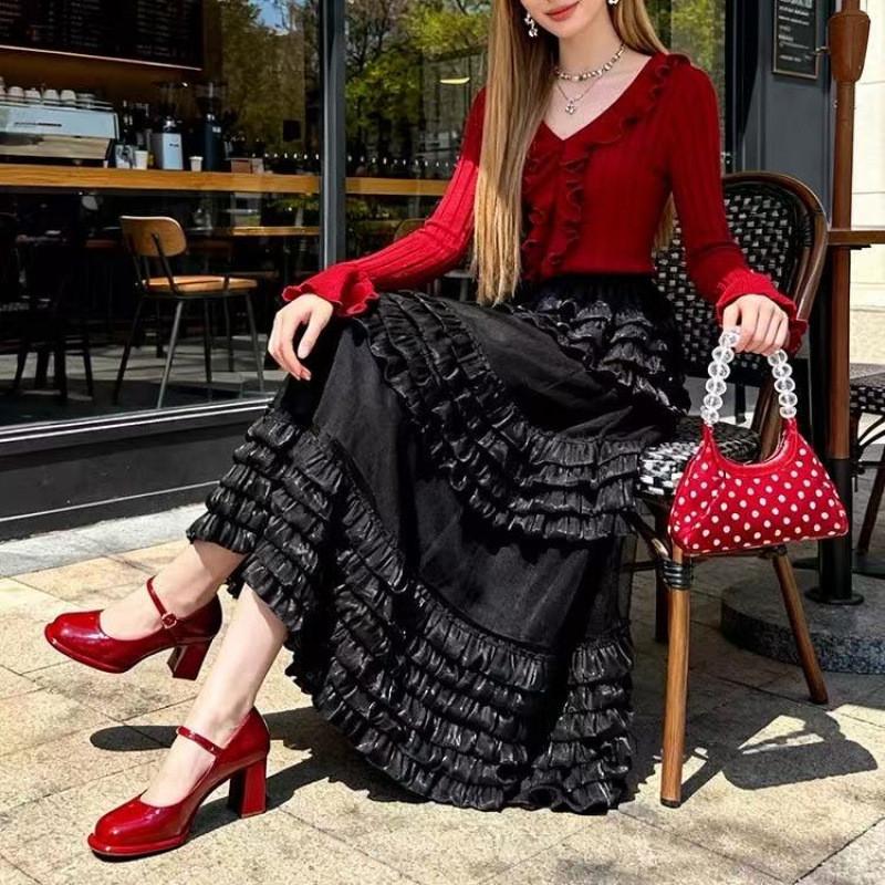 Qooth Ruffle Tulle Maxi Skirt Layered Cake High-Waisted Skirt French Ethereal Style for Party QT2860
