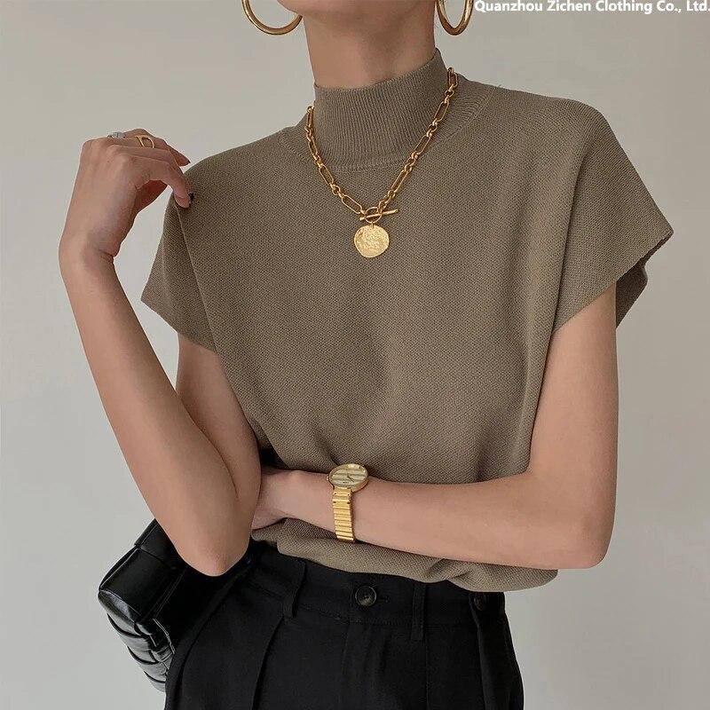 1pc Shirt And Blouses Office Lady Fashio Summer Woman Stand-up Collar Knitted Vest Loose Elegant Tops Short Sleeve