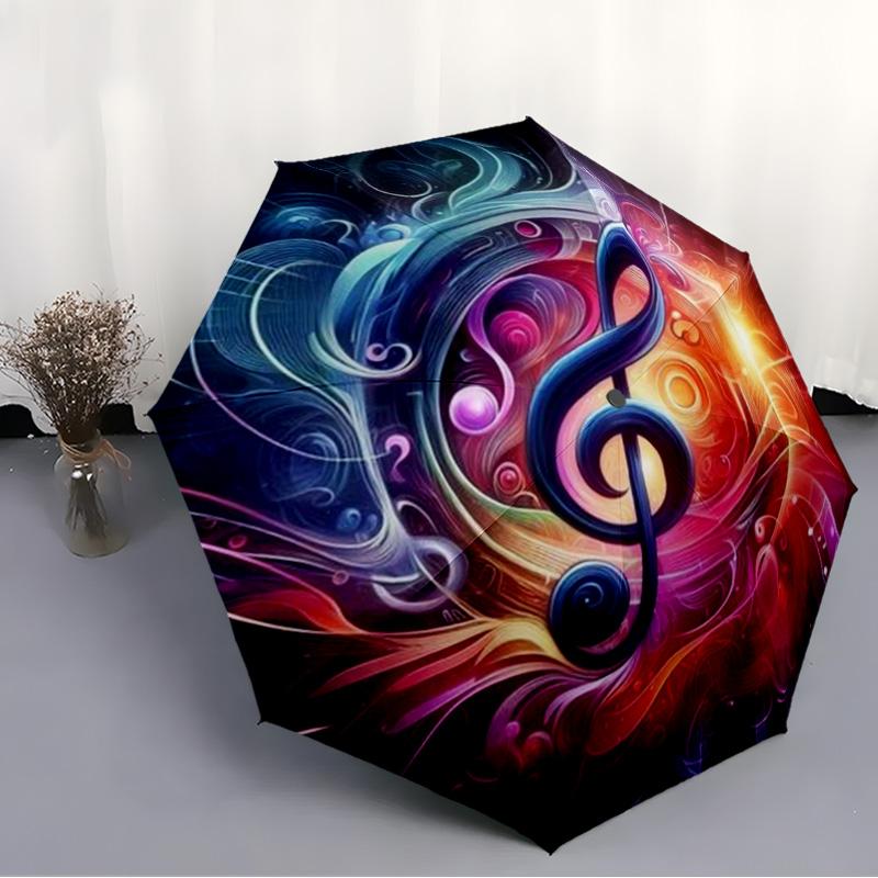 Colorful Gradient Musical Note Windproof Umbrella, Psychedelic Music Art Portable Umbrella