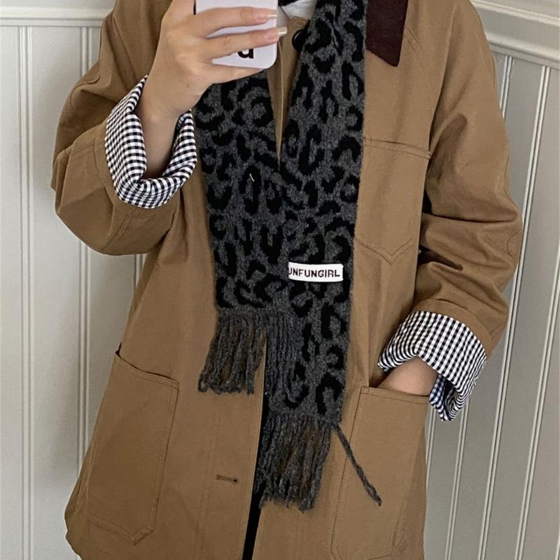 Vintage Leopards Print Tassels Scarf Soft Acrylic Neckerchief Warm Fashion Scarves for Women Warm Accessory