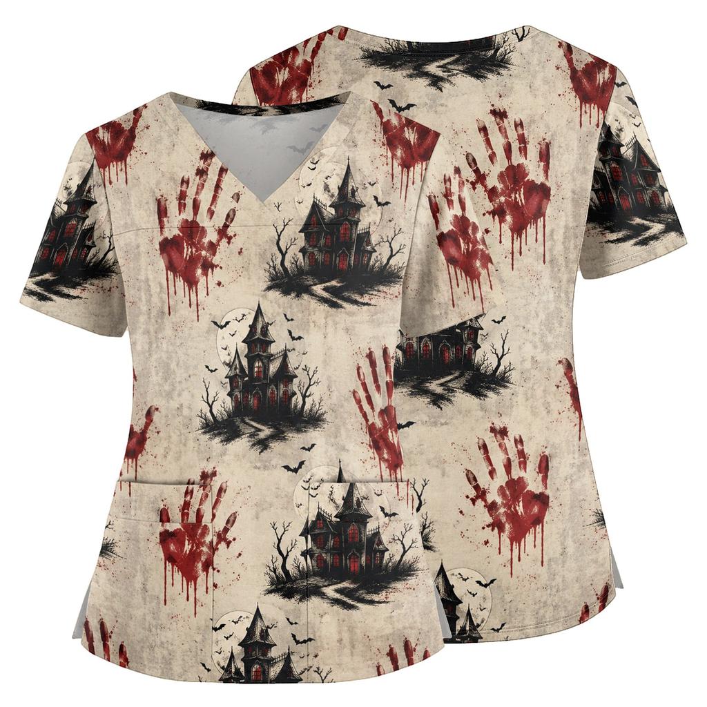 Women's Halloween Print V Neck Medical Scrub Top with Pockets Side Slit Short Sleeve Nurse Uniform Shirt for Healthcare Professionals
