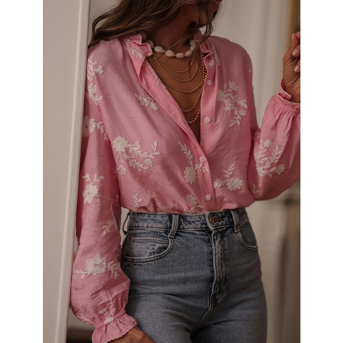 

Женская блузка с длинным рукавом и принтом на осень-зиму, рубашка с отложным воротником и рукавами-фонариками, повседневный топ в европейском американском стиле для женщин S розовый