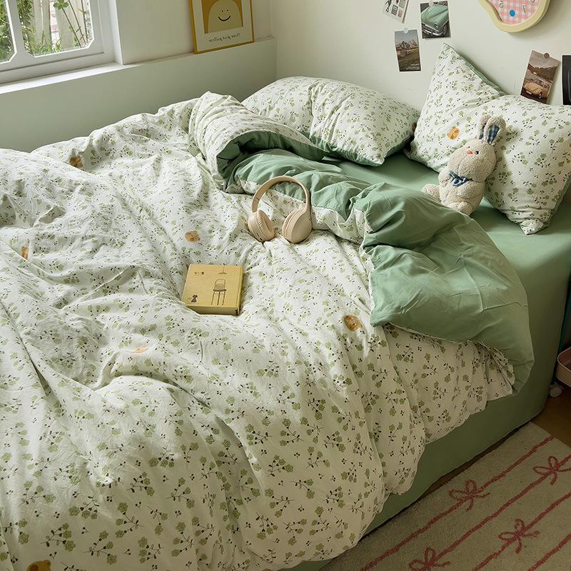 Class A Mother and Baby Grade Naked Sleeping Four-piece Set Fresh Washed Cotton Sheets Quilt Cover Bed Sheet Type Pure Cotton Three-piece Set