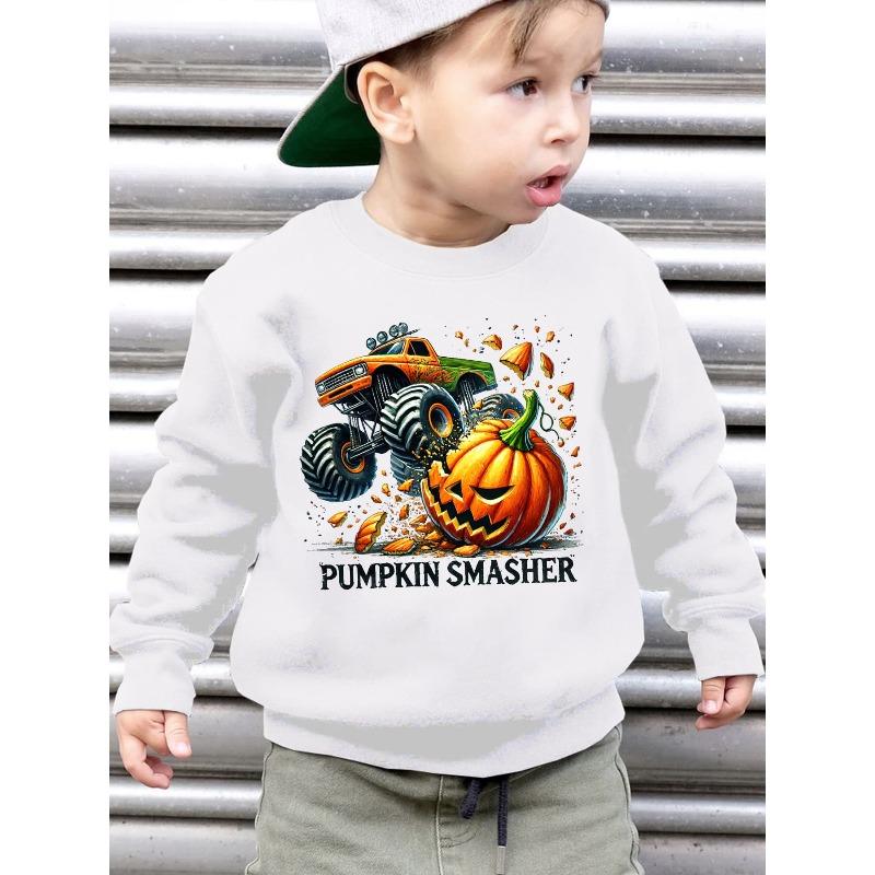 Kids Sweatshirt Autumn/Winter Fashion , PUMPKIN SMASHER Truck Pumpkin Print Loose Casual Long Sleeve Sweatshirt 110 белый