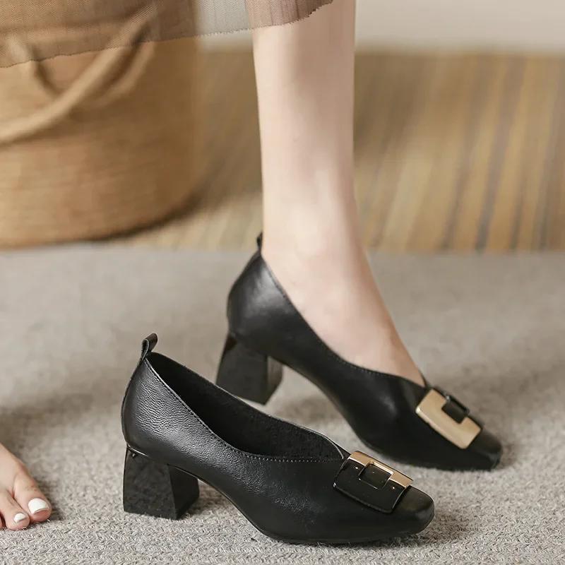 Mode Frau Frühling Mode Slipper Eckige Zehe Hohe Absätze Retro Metallschnalle Damen Flache Mary Janes Zapatos De Mujer Damen Slipper
