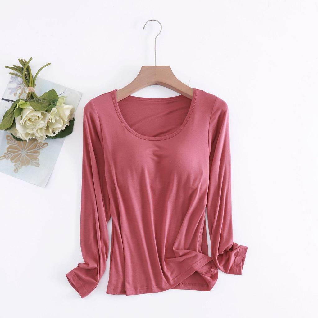Modal Cup Integrated Long-Sleeve Women's Korean-Style Loose Pajama Top with Chest Pad