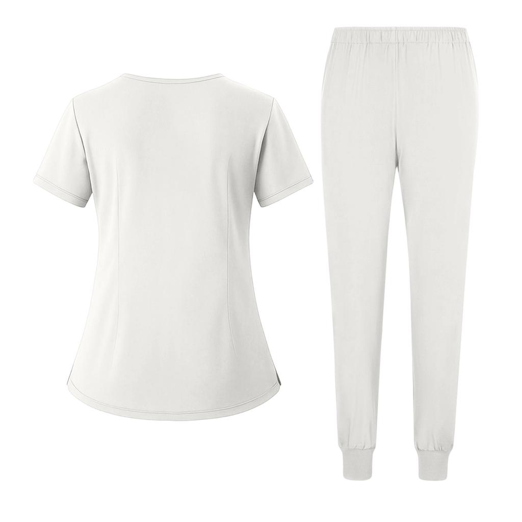 Damen Uniform Schnelltrocknendes Gewebe Farbe V-Ausschnitt Reißverschlusstasche Kurzarm Hosen Set Pflegekraft Set