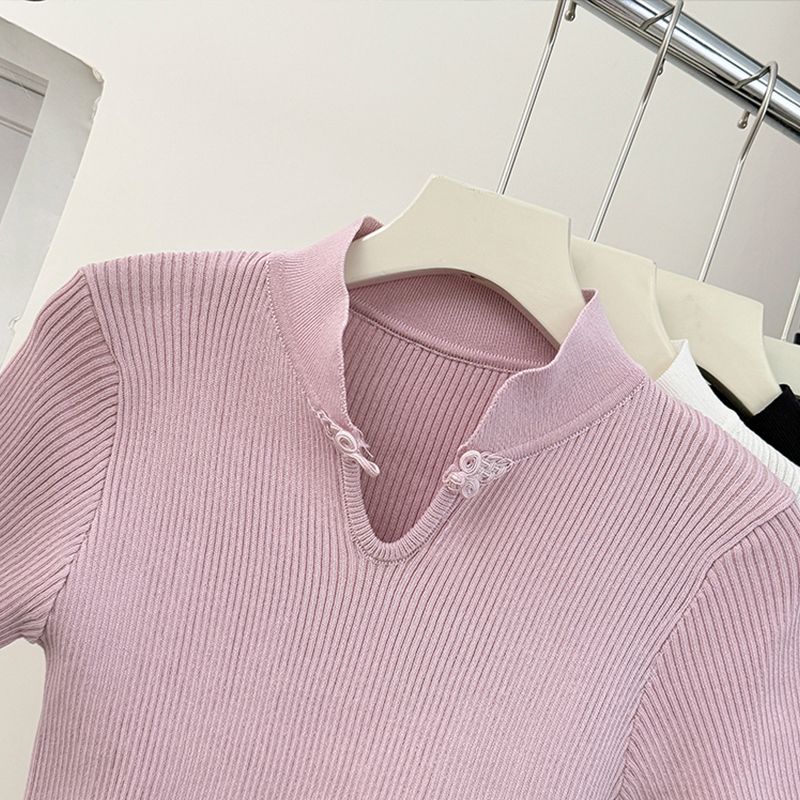 Chinese Style Button Up Stand Up Collar Knitted Sweater Women Spring Summer Tight Fitting Inner Layer Bottom Layer Temperament Short Sleeved Top