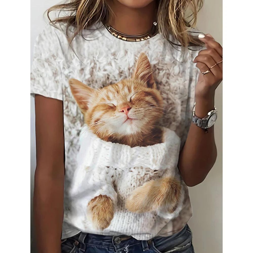 Women 3d Cute Cat Print Fashion Y2k Tops Kawaii Oversized Summer O-Neck Top