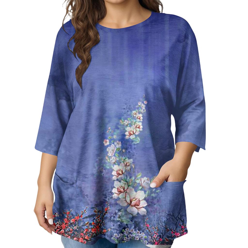 Modeblus för damer, större storlekar, med tryck, kortärmad, för elegant pendling och fritid