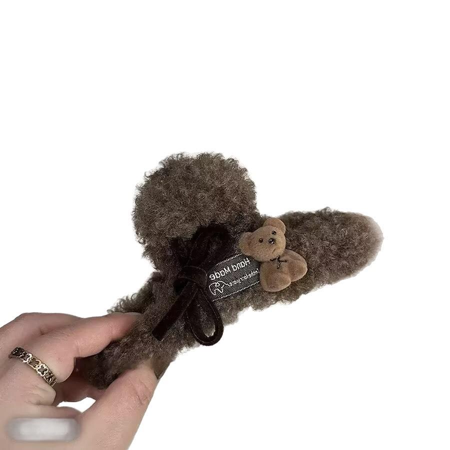 2025 Teddy Fleece Bear Heart Claw Clip: Women's Large Hair Bun Shark Hairpin for Autumn/Winter
