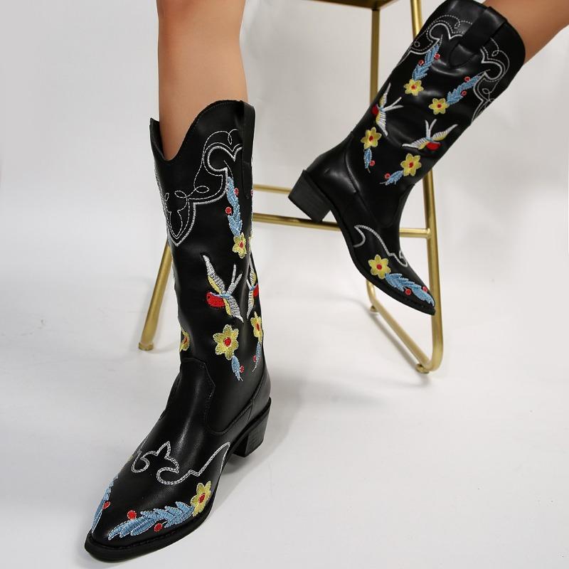 Women's Tall Riding Boots Autumn and Winter New Mid-Heel Martin Boots Women's Pointed Embroidered Boots