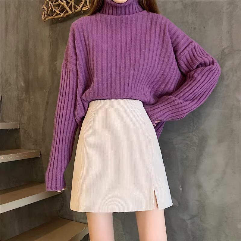 Women's High Waist Corduroy A-line Slit Bodycon Midi Skirt for Autumn/Winter