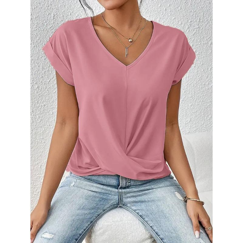 Elegant Short Sleeved Top for Spring and Summer Solid Color V-neck Women's T-shirts