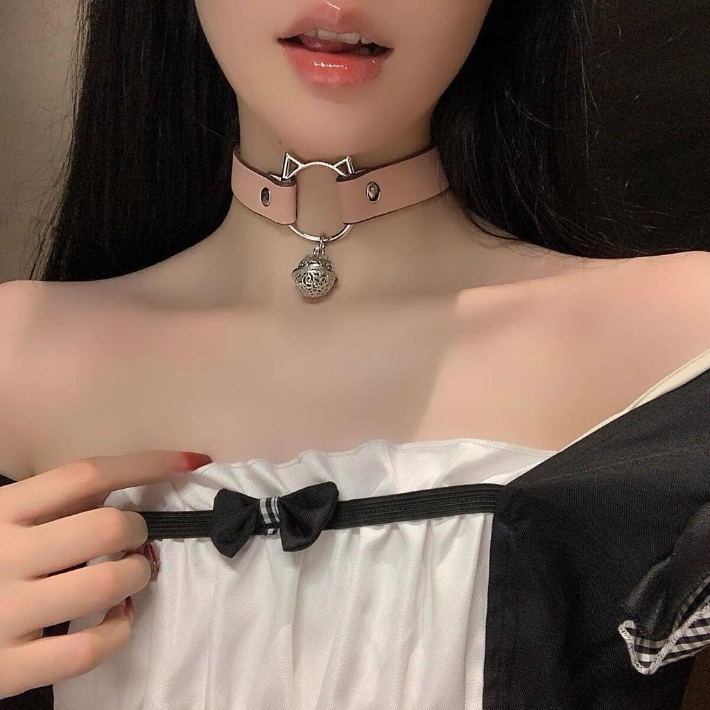 Leather Cat Bell Choker Necklace for Women