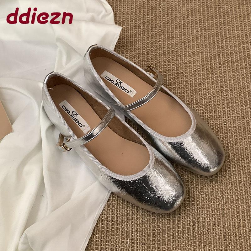 Fashion Silver Footwear Summer Spring Women Ballet Flats Dance Shoes Female Shallow Fashion Buckle Strap Ladies Flats Mary Janes Shoes