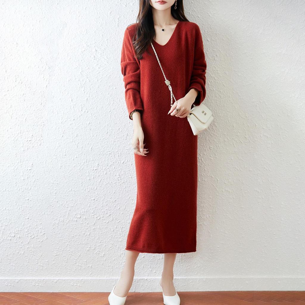 Women's Mid-Length Loose Wool & Cashmere Sweater Dress - Trendy Autumn/Winter Base Layer
