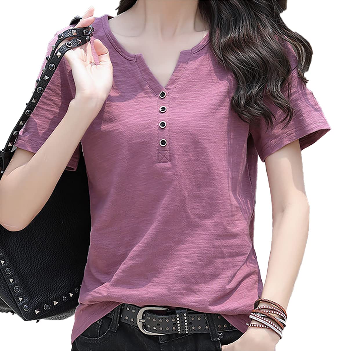 

Футболка женская с коротким рукавом Big Laugh, гладкая, удобная, однотонная и тканевая, размер, V-образный вырез, пуговицы, покрытие, цвет, хлопок, лен, атласная фиолетовый