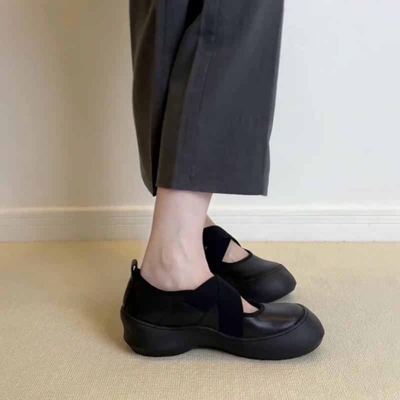 Sheepskin Version~ Platform Sports Cross Strap Mary Jane Small Leather Shoes Round Head Ballet Shoes Women's Shallow Mouth Retro Single Shoes