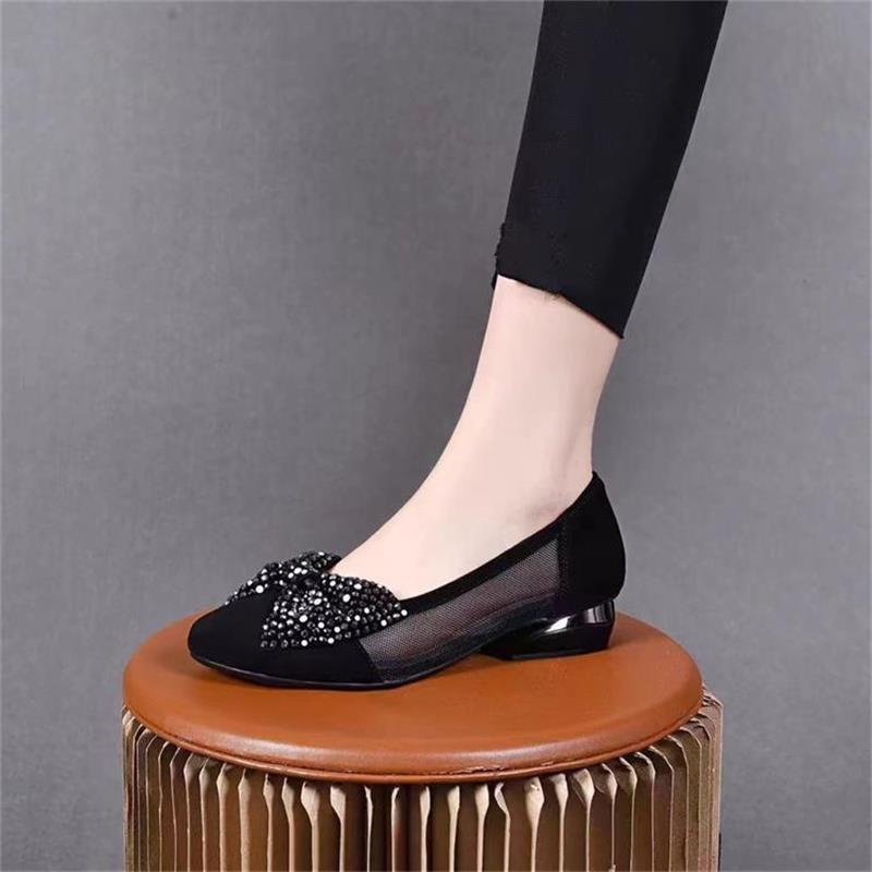 Mesh Mother Sandals Women's 2025 New Thick Heel Mesh Single Shoes Women's Bow Versatile Breathable Work Women's Shoes