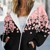 Übergroße Kapuzenjacke mit Kordelzug und Blumendruck, Lässige Jacke für Herbst und Winter, Langarm