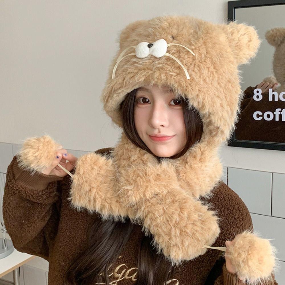 Plush Cat Ears Hat Knitted Cycling Balaclava One Piece Ear Protection Hat  Winter Season