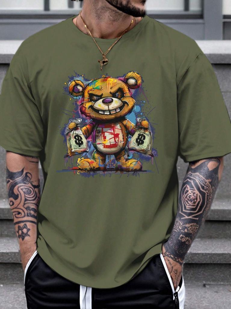 Men's 100% Cotton Summer Loose Size Cartoon Bear Pattern Printed Slim Fit Casual Sports Round Neck Short Sleeved T-shirt Top