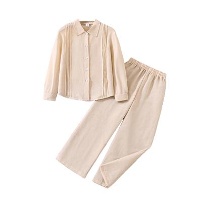 Children's Clothing Autumn Winter New Girls Lapel Pleated Long Sleeve Shirt Casual Wide Leg Pants 2 Piece Set