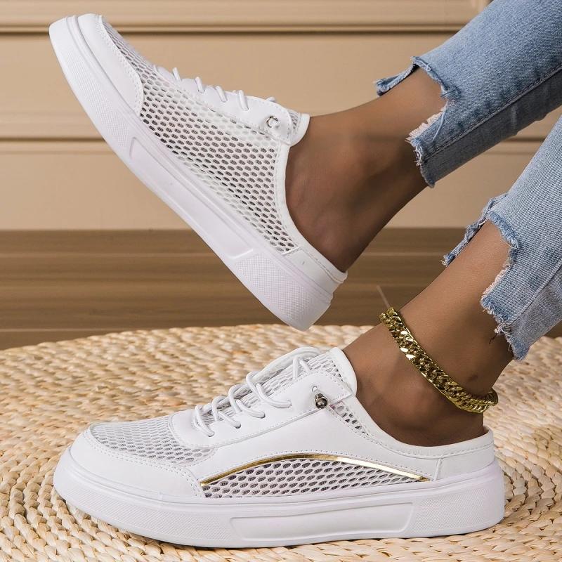 MAEDEF Women's Versatile White Shoes Thin Breathable Mesh Shoes Sandals White Outdoor Female Flat-bottomed Baotou Half Slippers