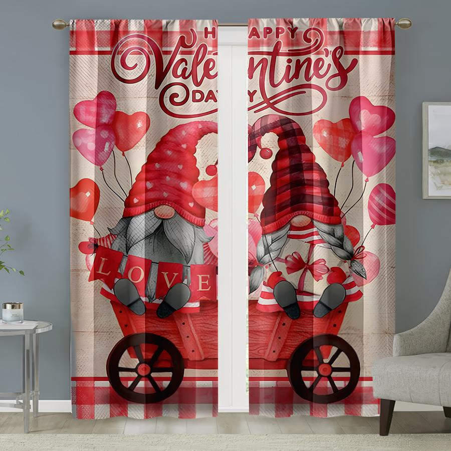 2pcs Valentine's Day Love Gnome & Heart Curtains   Perfect for Festive Window Decor   Charming Home Bedroom Living Room Decor