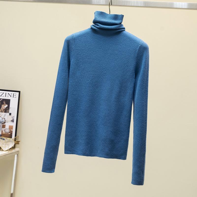 

Осень Новый однотонный вязаный свитер с высоким воротом для женщин, повседневный облегающий свитер с длинным рукавом, свитера для женщин, зимняя мода, элегантный трикотаж, топы 25499 One Size синий