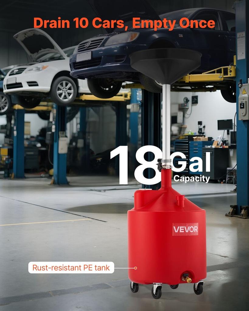 68L Waste Oil Drain Tank, Industrial Fluid Drain Tank with Adjustable Funnel Height, Portable Oil Drainer with Wheels, Fluid Fuel Transfer Drainage