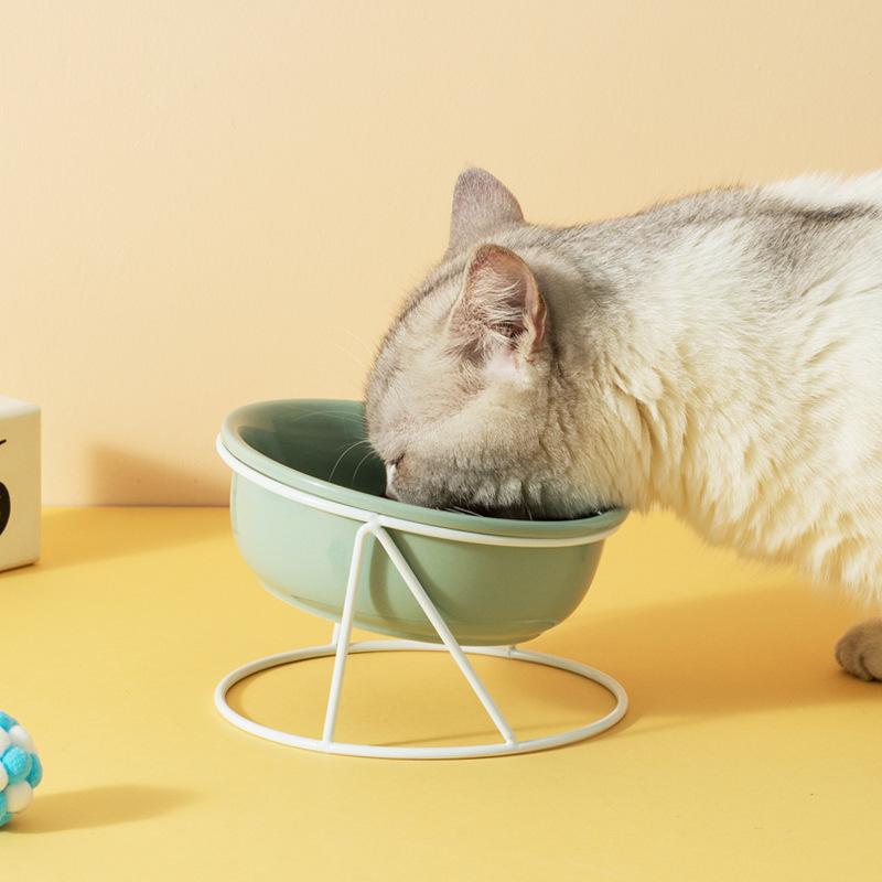 2026 New Ceramic Pet Bowl Set Elevated Non Slip Cat Food Water Dish Double Dog Feeder Bowl with Metal Stand for Home Use KTY