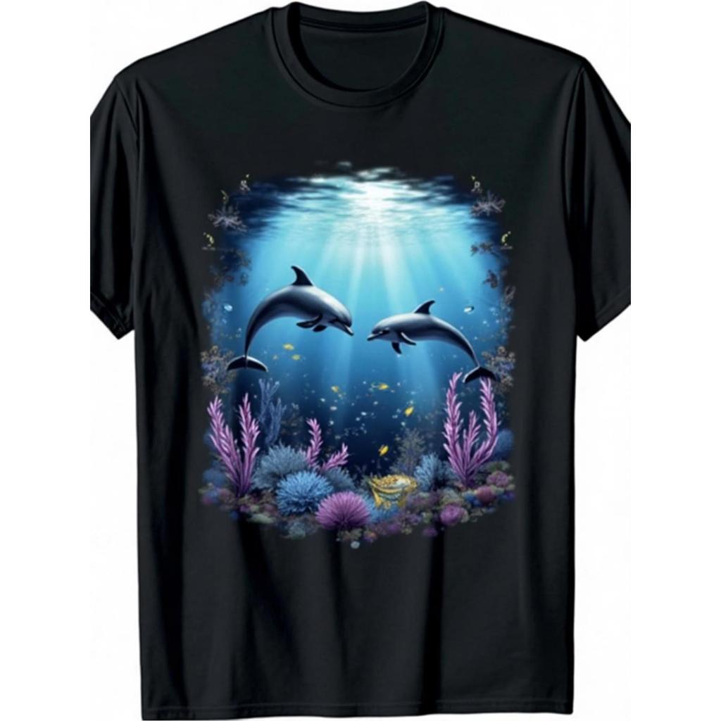 Dolphin Underwater Wildlife Graphic Tee Men Casual Breathable Pure Cotton Tshirt