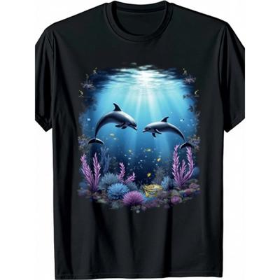 Dolphin Underwater Wildlife Graphic Tee Men Casual Breathable Pure Cotton Tshirt