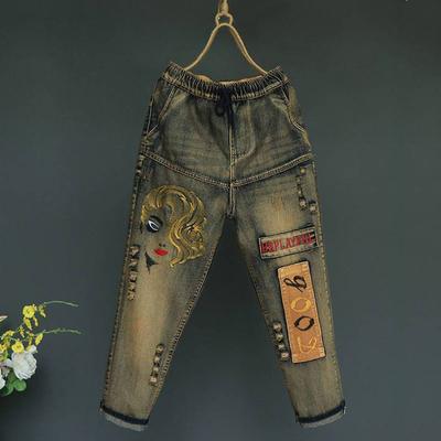 Haftowane spodnie dżinsowe w stylu Vintage damskie wysokiej talii luźne dżinsy damskie Streetwear Casual spodnie damskie jesień