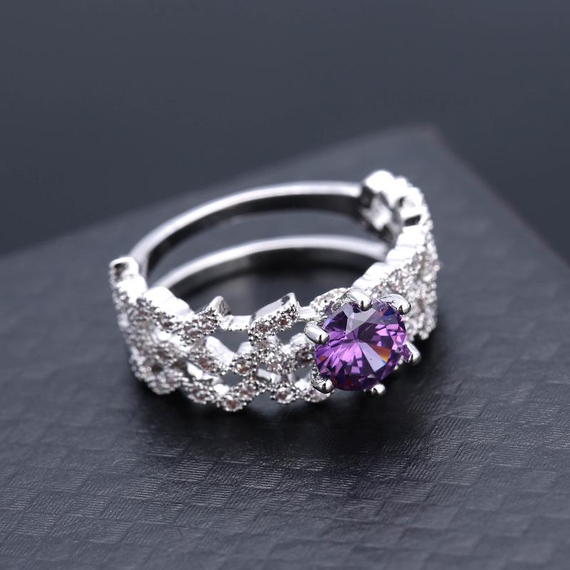 European American Six-Claw Geometric Fashion Ring: Elegant Diamond-Inlaid Simple Metal Double Ring for Couples Size 8