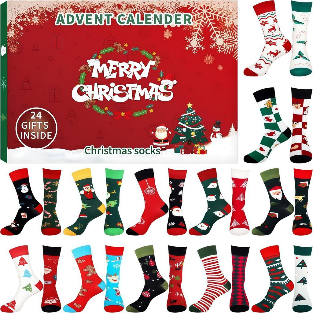 Christmas Socks Advent Calendar 24-Day Countdown Box Santa Reindeer Snowflakes Kids Blind Boxes Countdown Gift Xmas Party Favors
