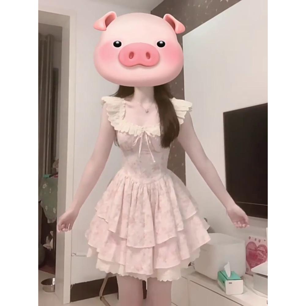 Coffee Break French First Love Xiaofei Sleeve Suspender Dress Female Summer Sweet Spice Girl Princess Cake Dress Waist Dress