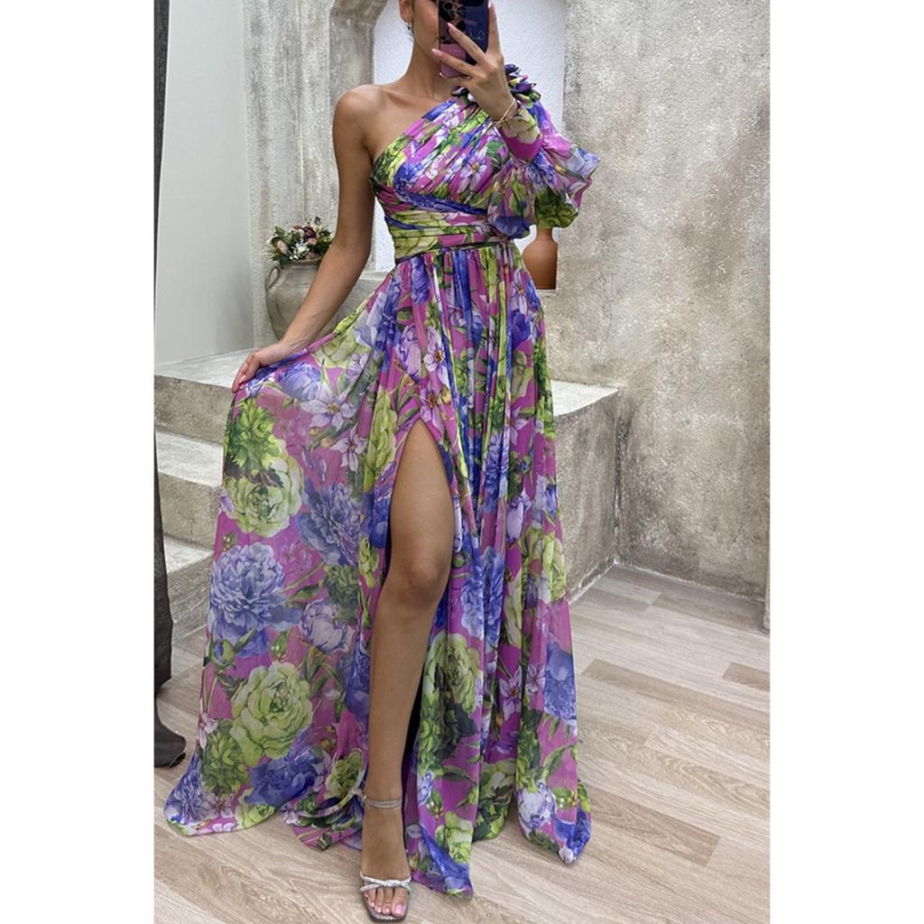 Abito Maxi da Donna Monospalla a Manica Lunga Ampio Vita Media Stampa Floreale Spacco Laterale Abito Estivo da Vacanza