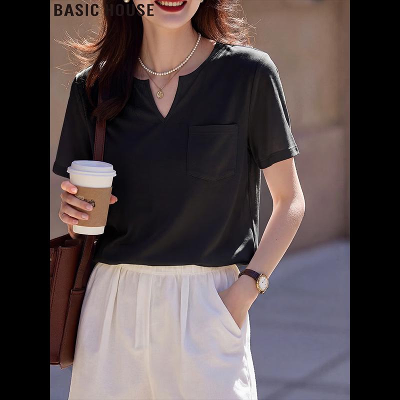 Basic House Women s Ice Silk V-Neck Short Sleeve T-Shirt One Size