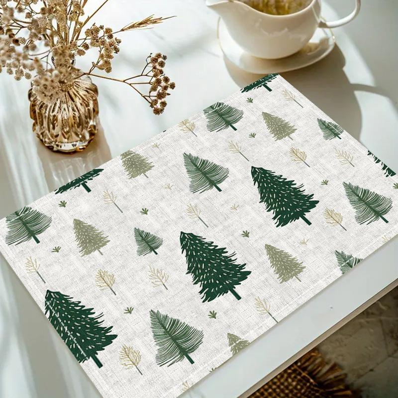 Christmas Linen Placemat Table Coffee Mat Poinsettia Pine Tree Snowflake Cone Merry Christmas Beige Red Green Elegant Decorative