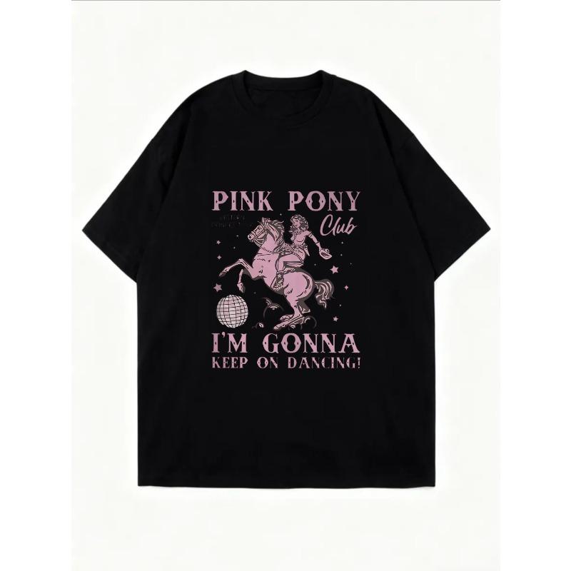 Oversize T-Shirt mit pinkem tanzendem Pony-Print – „PINK PONY Club“ Edgy-Sweet Dynamisches Slogan-Top