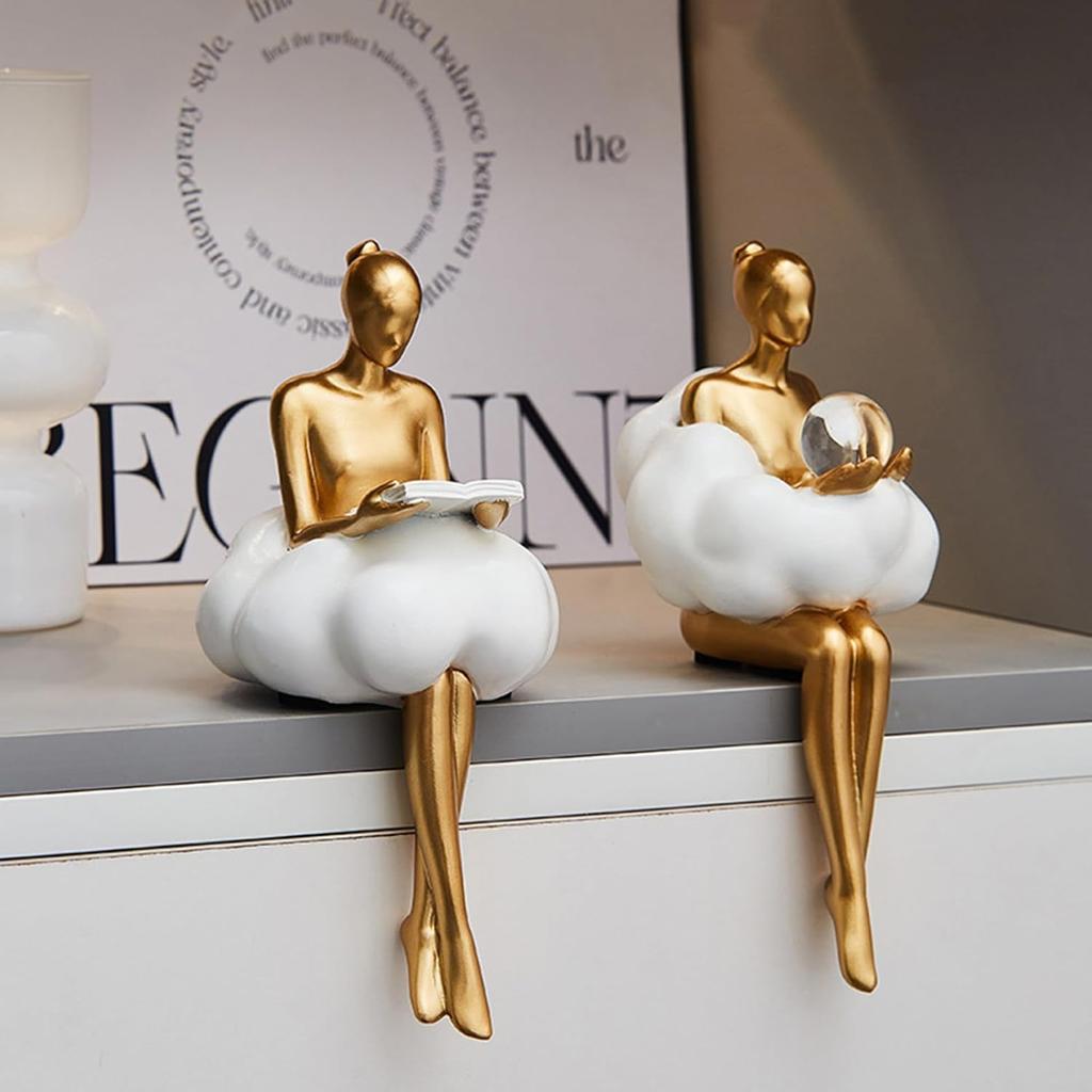 Gold Home Decor Women Thinker Statue, Modern Bookshelf Figurines Accent Decorations for Living Room, Resin Abstract Art Collectible for Office