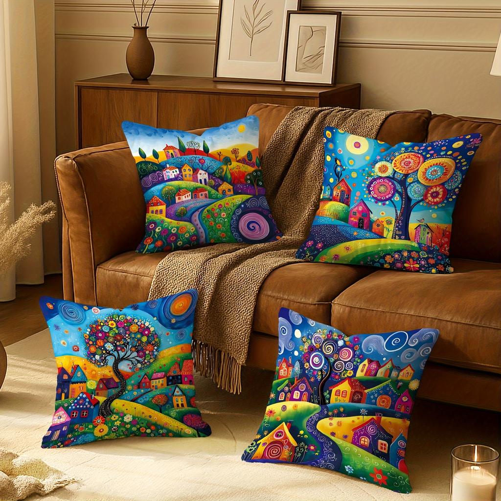 Home Decor Colorful Village And Tree Pattern Pillow Covers Pattern Cushion Cover Suitable For Sofa Bedroom Car Pillow Cover